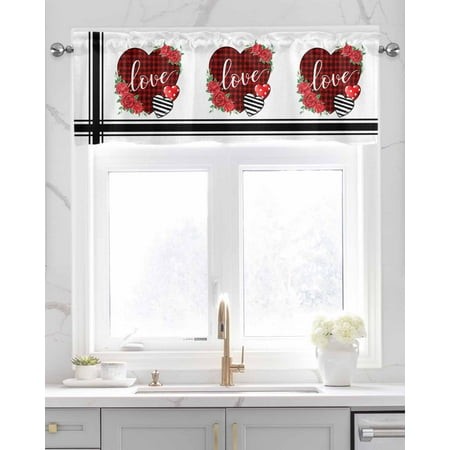 Faux Linen Valances for Windows Love Heart with Red Plaid Print Rose Flowers Black Stripe Curtains Valance Light Filtering Rod Pocket Small Window Tre
