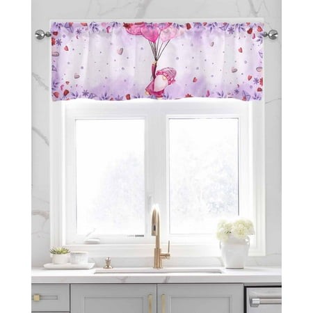Faux Linen Valances for Windows Valentine S Day Pink and Purple Gnome with Balloons Roses Curtains Valance Light Filtering Rod Pocket Small Window Tre