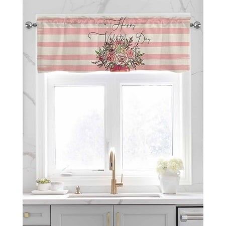 Faux Linen Valances for Windows Happy Valentines Day Rose Flowers with Plant Pink Stripes Curtains Valance Light Filtering Rod Pocket Small Window Tre