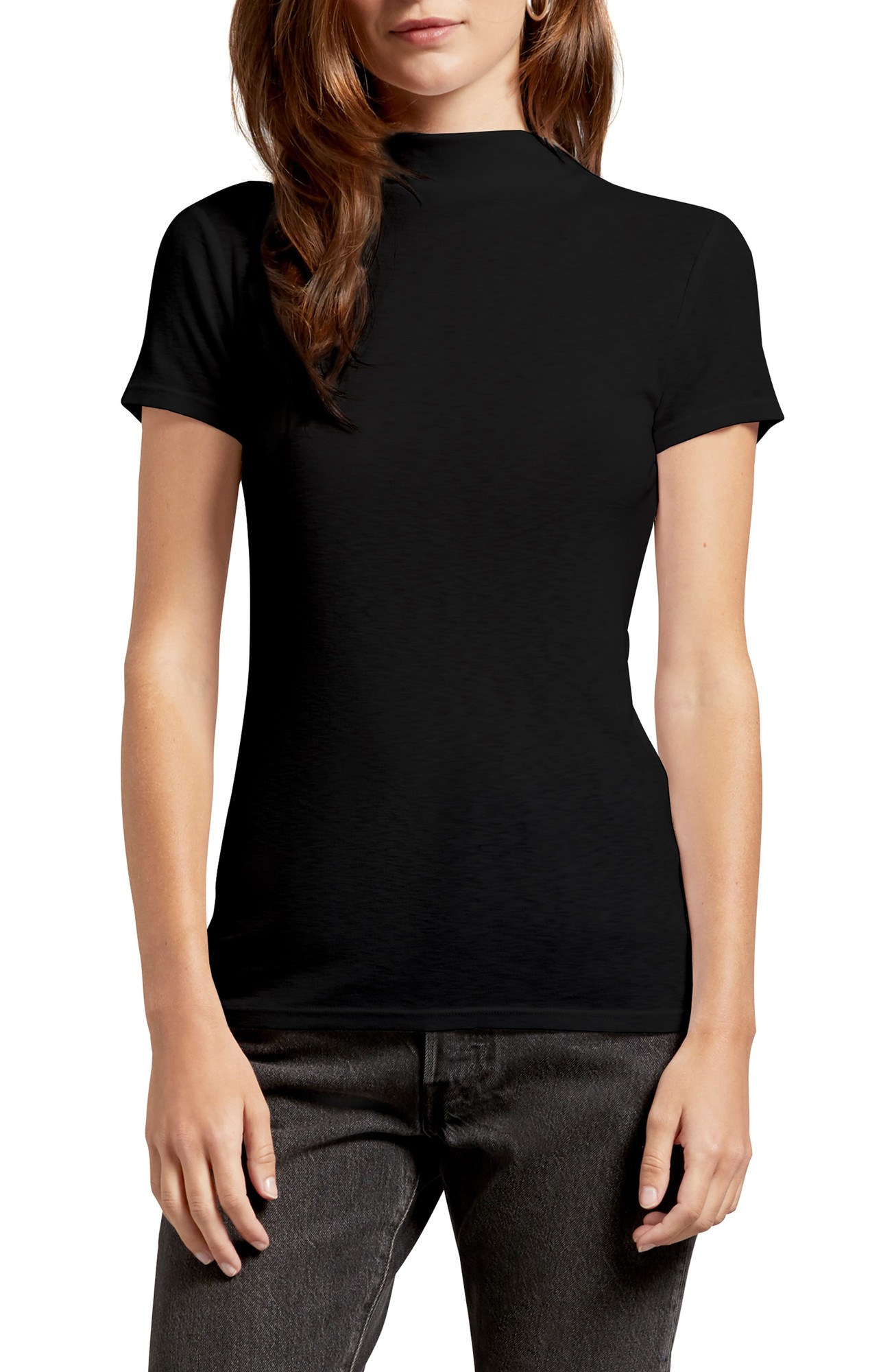 Women's Michael Stars Judy Mock Neck Slub Tee, Size One Size - Black