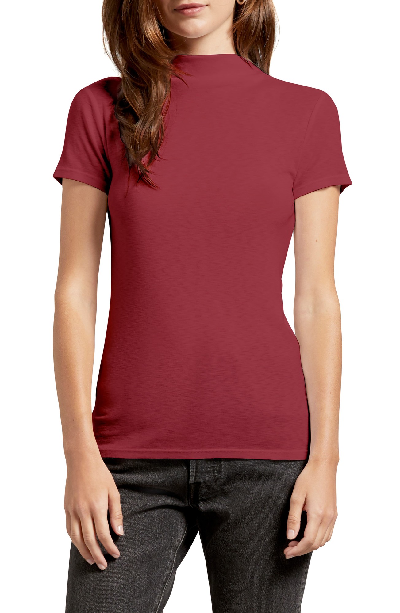 Women's Michael Stars Judy Mock Neck Slub Tee, Size One Size - Red