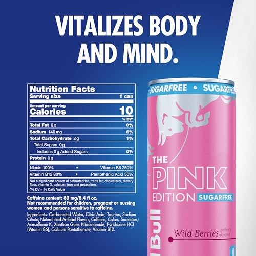 Red Bull Pink Edition Sugar Free Energy Drink, Wild Berries, 8.4 Fl. Oz., 6 X 4 Cans, Pack of 24 Cans, with 80mg Caffeine, Taurine & B Vitamins thumbnail