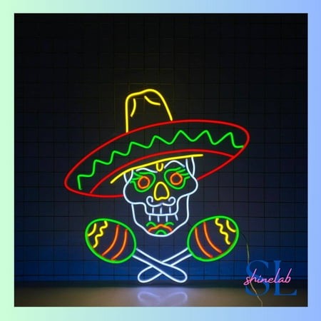 Shinelab Mexican Skull Neon Sign  Maracas Wall Art Light  Skull Sombrero Home Wall Decor 0255