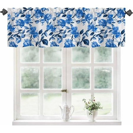 Valance Curtains for Windows Blue Rose Flowers Semi Sheer Curtain Valance Watercolor Floral Leaves Window Valance Curtains Short Rod Pocket Window Tre