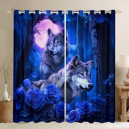 Wolf Curtains & Drapes 42 Wx84 L Blue Rose Flower Woodland Animal Window Curtains Galaxy Sky Moon 30%-50% Blackout Curtains Jungle Wildlife Window Tre