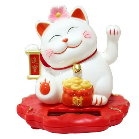 Lucky Cat Decor with Solar Power Light Sensing Wave Symbolizing Good Fortune 2313-White