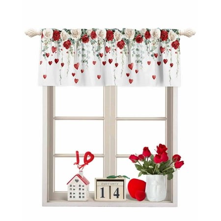 Window Valance for Kitchen Valentine S Eucalyptus Love Heart Red White Roses Rod Pocket Curtain Valances Short Curtains Drapes Panel Leaves Window Tre