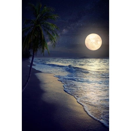Art.com Beautiful Fantasy Tropical Beach with Milky Way Star in Night Skies  Full Moon - Retro Style Artwor Photographic Print by Jakkapan  16  X 24
