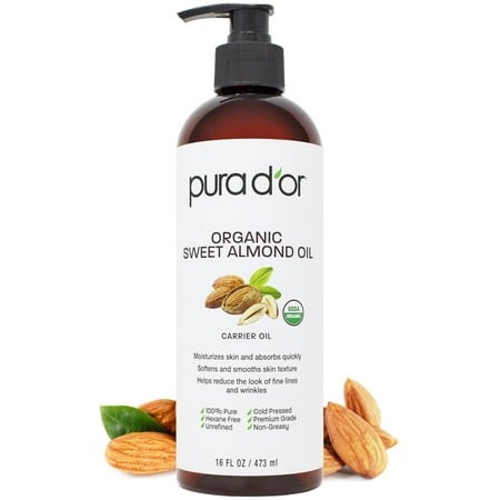 PURA D or 16 Oz ORGANIC Sweet Almond Oil - 100% Pure & Natural USDA Certified Cold Pressed Carrier Oil for DIY Beauty - Non-Greasy  Unscented  Hexane 