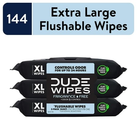 DUDE Wipes Fragrance Free Plus Odor Control  XL Wet Wipes  48 Count  3 Pack