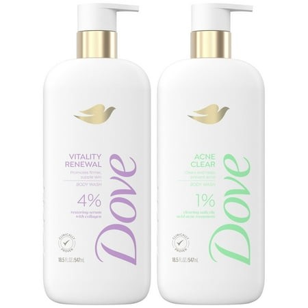 Dove Vitality Renewal & Acne Clear Body Wash Set - 2 X Vitality Renewal Firming Body Wash with 4% Restoring Serum & 1 X Acne Clear Women’s Body Wash