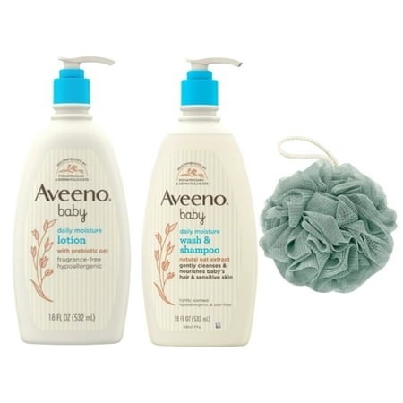 Aveeno Baby Daily Moisture Body Lotion for Sensitive Skin with Natural Colloidal Oatmeal  -18 Fl Oz  Body Wash & Shampoo- 18 Fl Oz and Loofah