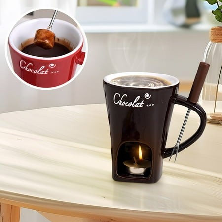 Chocolate Fondue Cup Chocolate Melting Mug Ceramic Cheese Mug  Multi-Purpose Butter Warmer Chafing Dishes with Fork  Mini Heater Ice Cream Hot Pot Gif