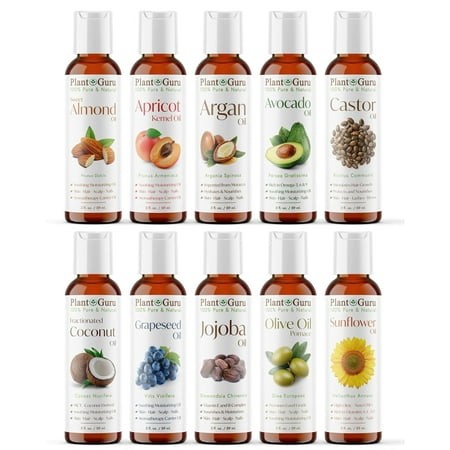 Top 10 Oil Variety Set 2 Oz - Cold Pressed 100% Pure Natural  Sweet Almond  Apricot Kernel  Argan  Avocado  Castor  Fractionated Coconut  Grapeseed  J