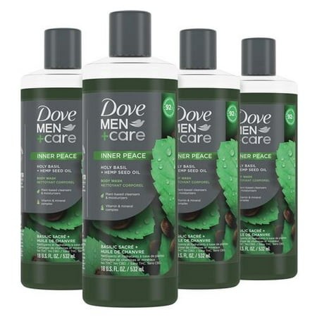 Dove Men+Care Body Wash Holy Basil + Hemp Seed Oil 4 Count to Rebuild Skin in the Shower with Plant-Based Cleansers and Moisturizers 18 Oz Packaging M