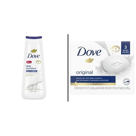 Dove Deep Moisture Body Wash 20 Oz & Dove Beauty Bar Gentle Skin Cleanser Original 3.17 / 3 Ct