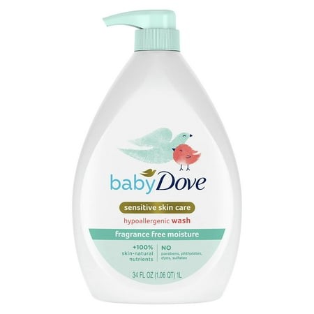 Baby Dove Sensitive Skin Care Baby Wash Fragrance Free Moisture for Baby Bath Time Fragrance Free and Hypoallergenic  Washes Away Bacteria 34 Oz (Pack