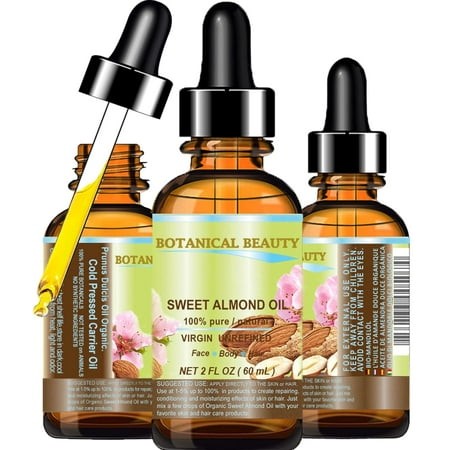Organic SWEET ALMOND OIL 100% Pure Natural Unrefined Undiluted Cold Pressed Oil for Face  Skin  Body  Hair  Massage  Nails. 2 Fl. Oz - 60 Ml