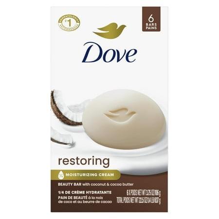 Dove Beauty Bar Soap IRF13 Restoring Coconut & Cocoa Butter 6 Count for Restored Skin  Nourishes Skin 3.75 Oz