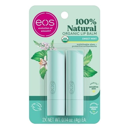 Eos 100% Natural & Organic Lip Balm Sticks- Sweet Mint  All-Day Moisture  Dermatologist Recommended for Sensitive Skin  0.14 Oz  2-Pack