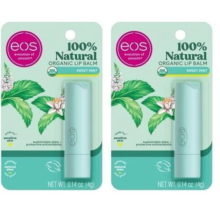 Eos 100% Natural & Organic Lip Balm- Sweet Mint  Dermatologist Recommended  All-Day Moisture Lip Care  Made for Sensitive Skin  0.14 Oz (Pack of 2)