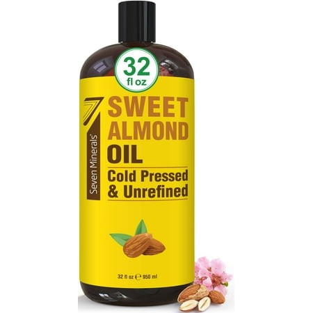 Seven Minerals  Pure Cold Pressed Sweet Almond Oil - Big 32 Fl Oz Bottle - Unrefined &100% Natural - for Skin & Hair  with No Added Ingredients - Perf