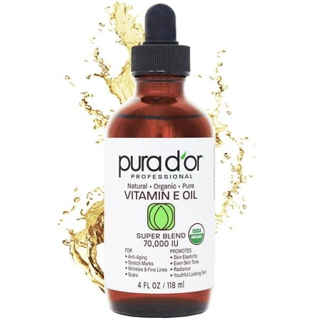 PURA D or 4 Oz ORGANIC Vitamin E Oil Blend 70 000 IU - 100% Natural Hexane Free  Sweet Almond  Apricot  Jojoba  Argan  Rosehip  Sunflower & Avocado Ba