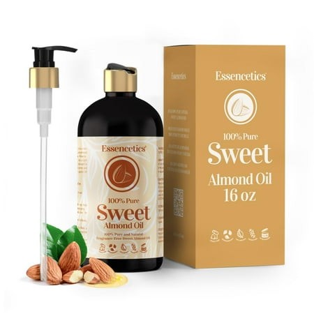 Essencetics Sweet Almond Oil YYF14 Organic 16 Oz - Natural Sweet Almond Oil for Skin  Body  Face  and Hair - Natural Cold Pressed Unrefined - Organic 