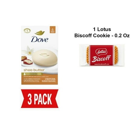 Dove Beauty Bar Soap Shea Butter  6 Bars for Nourished  Radiant Skin  Enriches Skin 3.75 Oz - Pack of 3 & Lotus Biscoff Cookie - 0.2 Oz - 1 Ct
