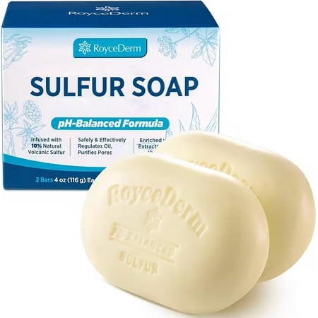 Roycederm Sulfur Soap for YYF14 Acne Support: Sulfur Face Wash Bar for Sensitive Skin and Blemish-Prone Areas - Sulfur Body Cleanser with 10% Volcanic