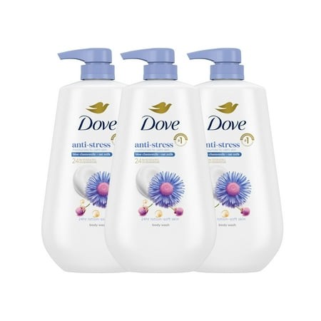 Dove Body Wash with MZF22 Pump 3 Count Anti-Stress Blue Chamomile & Oat Milk  for 24hr Lotion-Soft Skin Moisturizing Skin Cleanser with No Sulfates No