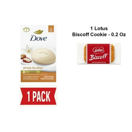Dove Beauty Bar Soap Shea Butter  6 Bars for Nourished  Radiant Skin  Enriches Skin 3.75 Oz - Pack of 1 & Lotus Biscoff Cookie - 0.2 Oz - 1 Ct