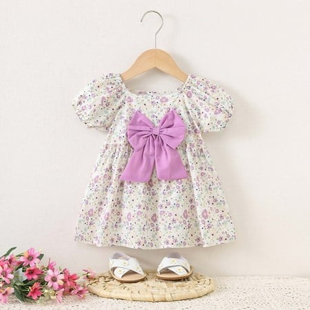 Girls Dresses for Girls  Summer Short Sleeve Dress with Oversized Floral Print Casual Princess Dress for Toddler & Kids Cute Casual Dresses Purple 100