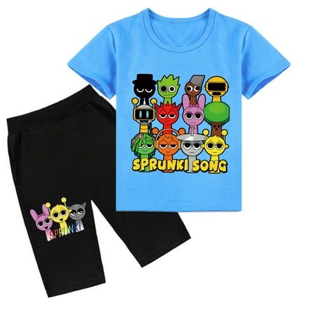 Boys Outfits Set for Sprunki Novelty Short Sleeve Clothing Set for Boys Girls Casual Clothes Set Blue 130(5-6 Years)