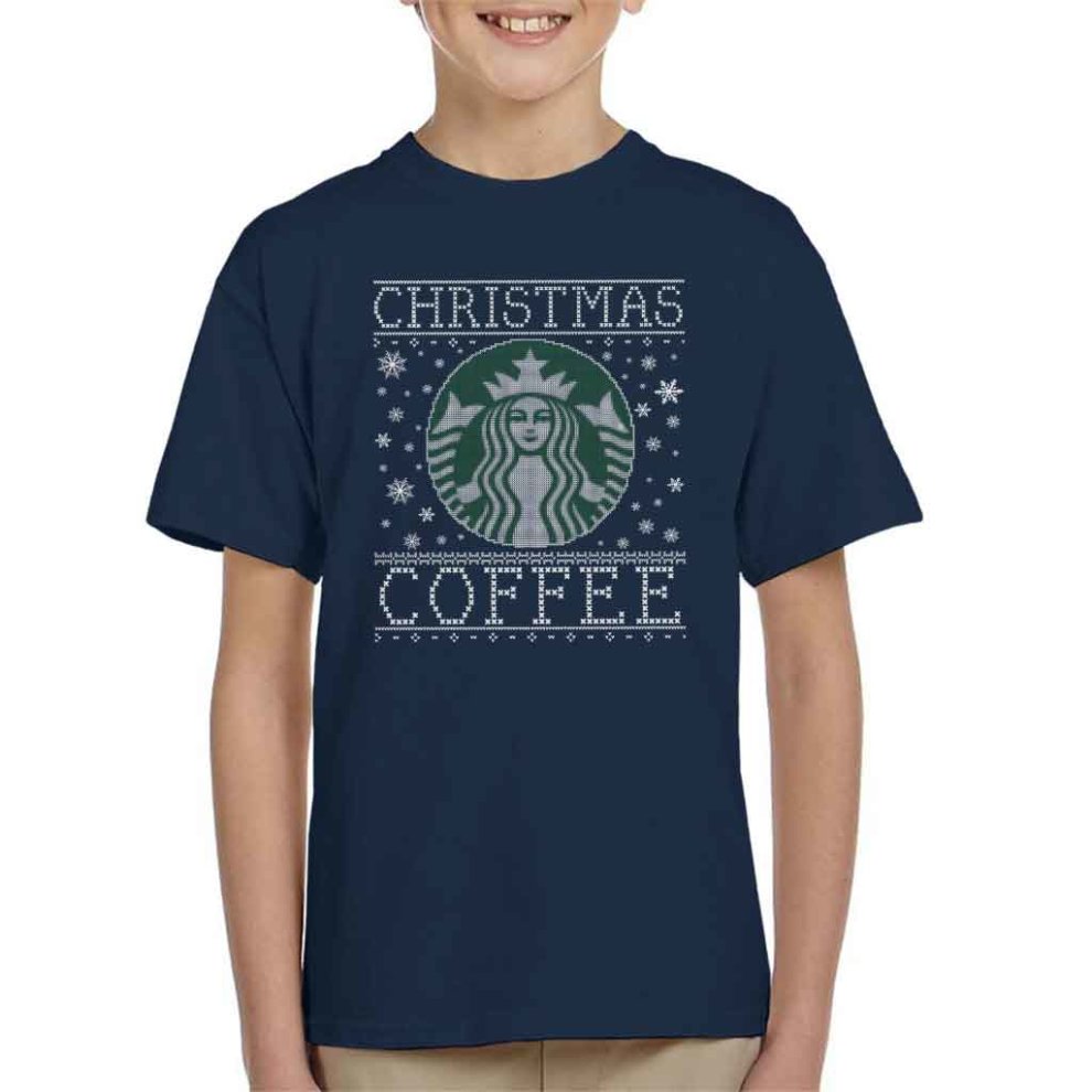 (X-Large (12-13 Yrs), Navy Blue) Christmas Coffee Starbucks Christmas Knit Pattern Kid's T-Shirt