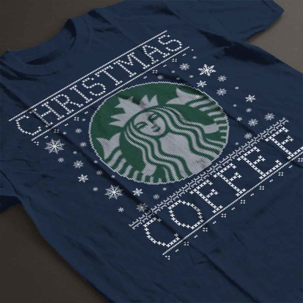 (X-Large (12-13 Yrs), Navy Blue) Christmas Coffee Starbucks Christmas Knit Pattern Kid's T-Shirt thumbnail