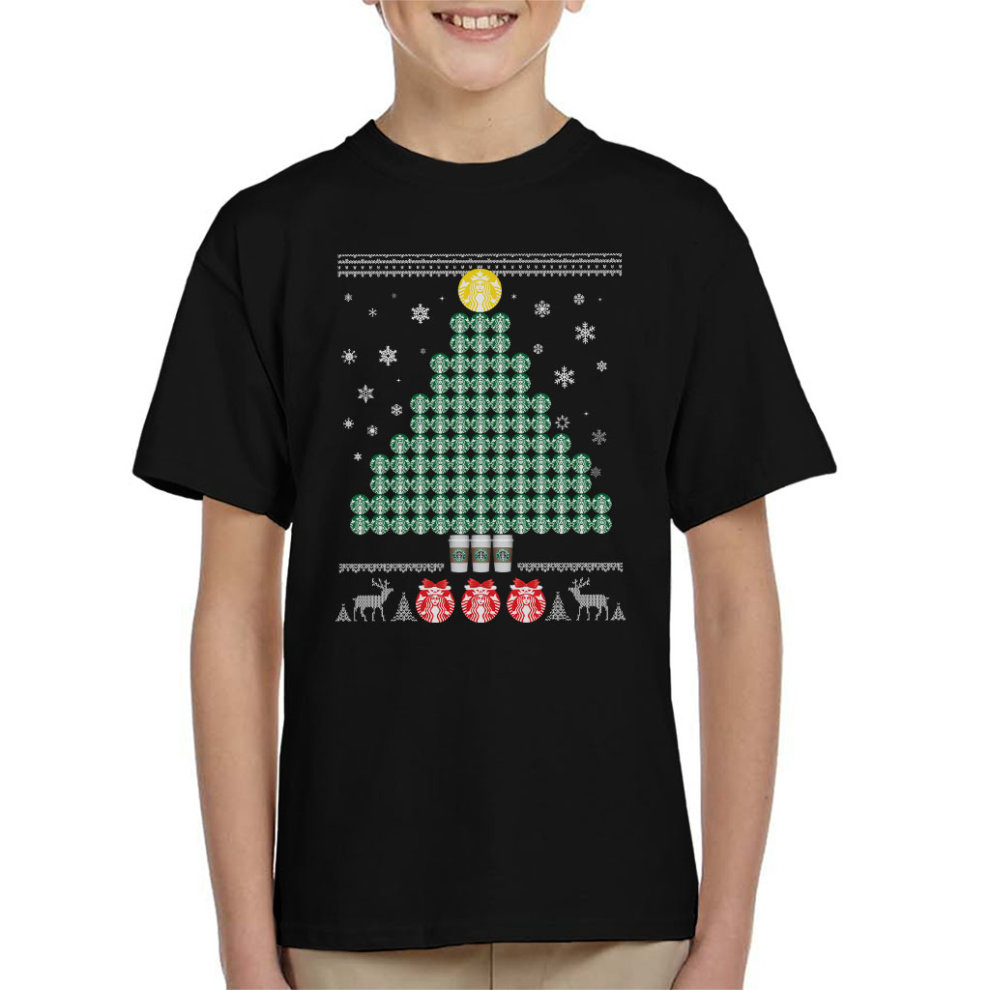 (X-Large (12-13 Yrs)) Starbucks Christmas Tree Pattern Kid's T-Shirt