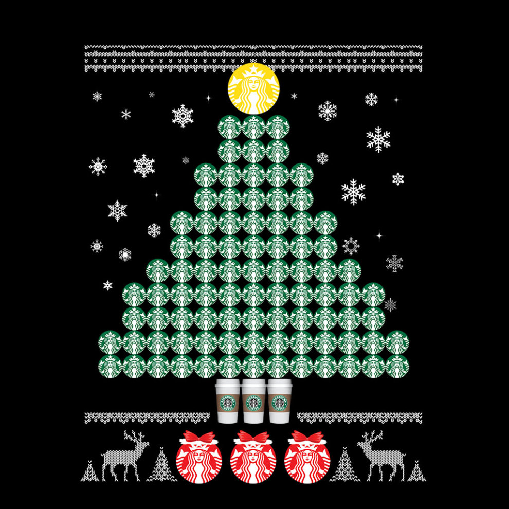 (X-Large (12-13 Yrs)) Starbucks Christmas Tree Pattern Kid's T-Shirt thumbnail
