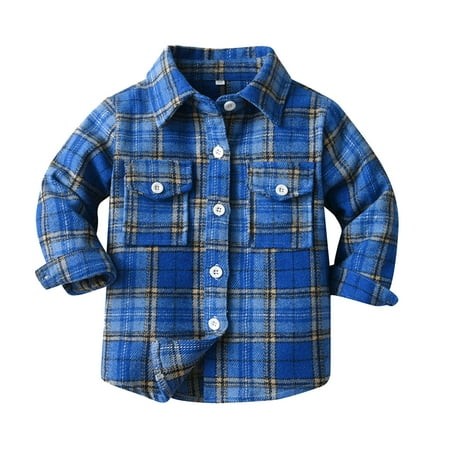 TOWED22 Baby Boys Flannel Shirt Toddler Long Sleeve Button up Buffalo Plaid Shirt Little Boys Kids Fall Casual Flannel Shacket(Blue 0-6 Months)