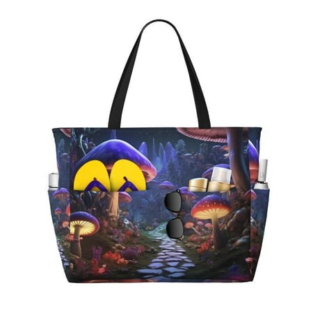 Balery Jungle Path Glowing Mushrooms Beach Travel Bag - Water-Resistant  Large Capacity Lightweight Tote with 7 Pockets for Women and Men - Perfect fo