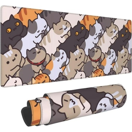 Kawaii Cat Gaming Mouse Pad XXL Large 31.5×11.8 Inch Extended Desk Mat Protector Cute Desk Decor with Stitched Edges Non-Slip Rubber Base for Work Co