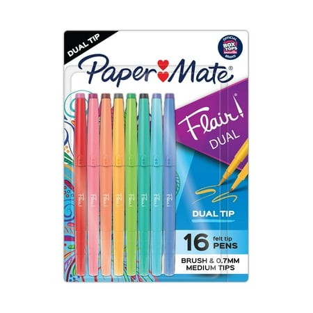 Paper Mate Flair DUAL Felt Tip Pens  Brush and Medium Tips  Assorted Colors  16 Count