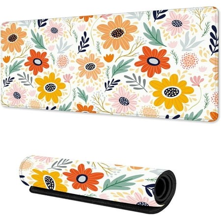Mouse Pad Large Colorful Flower Grass Leaves Gaming Keyboard Mat  Non-Slip Rubber Base Big Extended Desk Mat Protector with Stitched Edges for Home Of