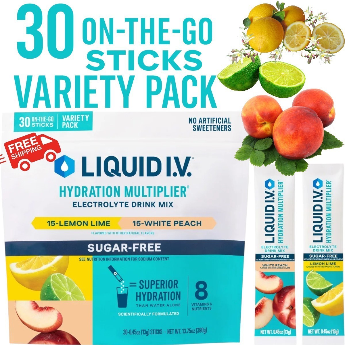 Liquid IV Hydration Multiplier 30 PACK 15-Lemon Lime 15-White Peach Mix BB: 3/27