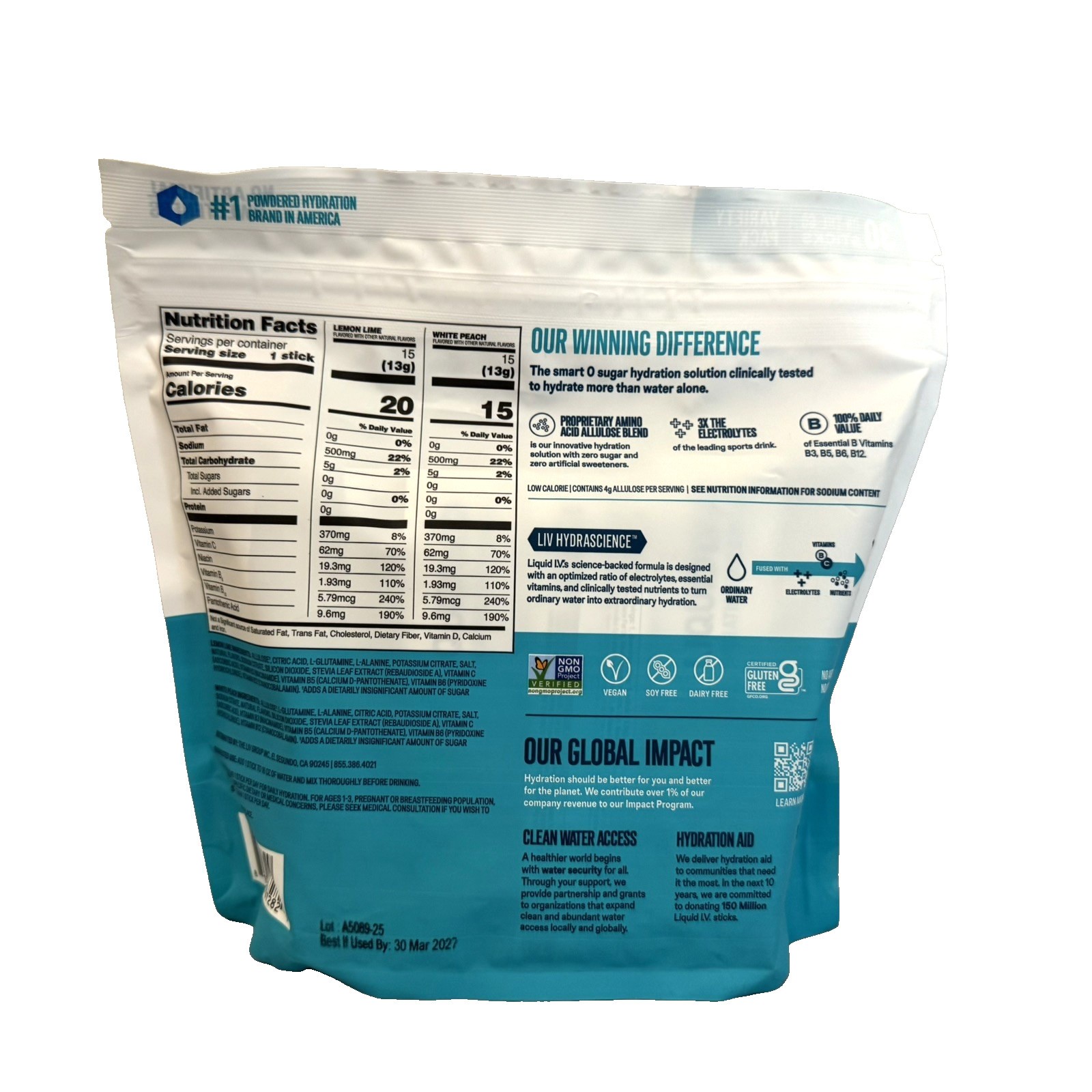 Liquid IV Hydration Multiplier 30 PACK 15-Lemon Lime 15-White Peach Mix BB: 3/27 thumbnail