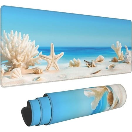 Seashells on Tropical Beach Extended Gaming Mouse Pad Large Desk Mat with Non-Slip Rubber Base and Stitched Edges Keyboard Mouse Mat Desk Pad for Work