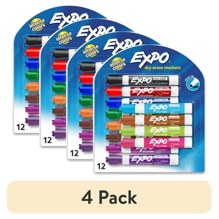 (4 Pack) EXPO Dry Erase Markers  Chisel Tip  Assorted Colors  12 Count