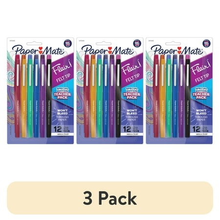 (3 Pack) Paper Mate Flair Felt Tip Pens  Medium Point  0.7mm  Assorted Colors  12 Count