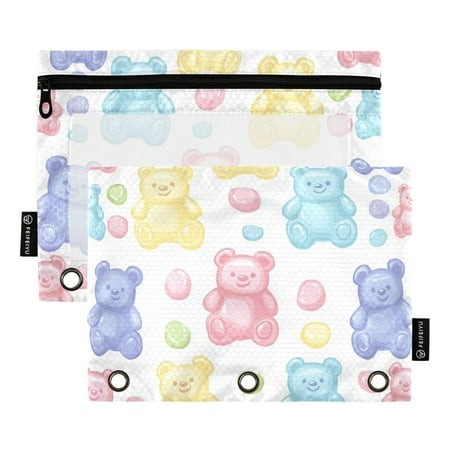 FORMRS 2 Pack Pencil Pouch for 3 Ring Binder with Clear Window Zipper Case  Colorful Gummy Bears Pattern