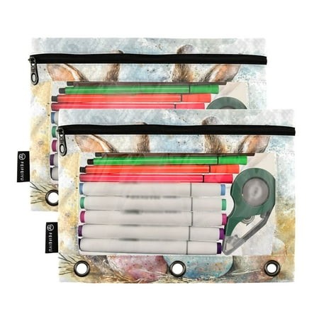 Ckdifva Bunnies Easter Eggs Pencil Pouch 3 Ring Zipper Pencil Case Binder Pockets Clear Top Cosmetic Bag 2 Pack